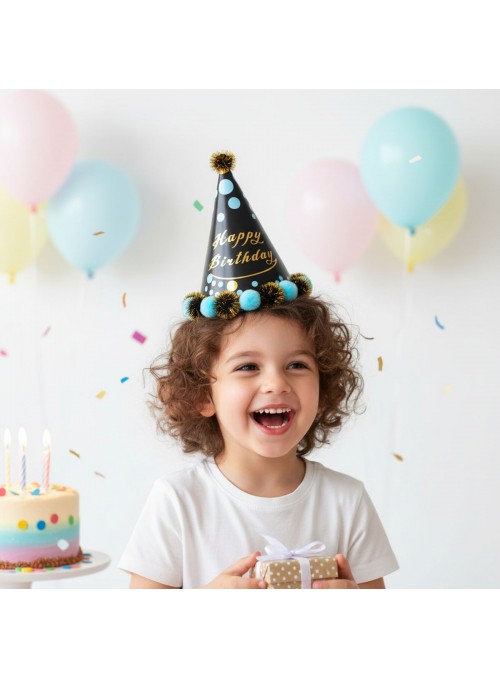 Chapéu De Aniversário Aniversário Preto Pompom 1 Unidade