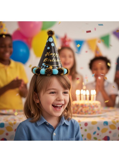 Chapéu De Aniversário Aniversário Preto Pompom 1 Unidade