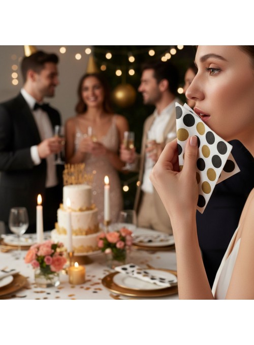 Guardanapo De Papel Poá Grande Preto E Dourado 33x33cm 20 Unidades