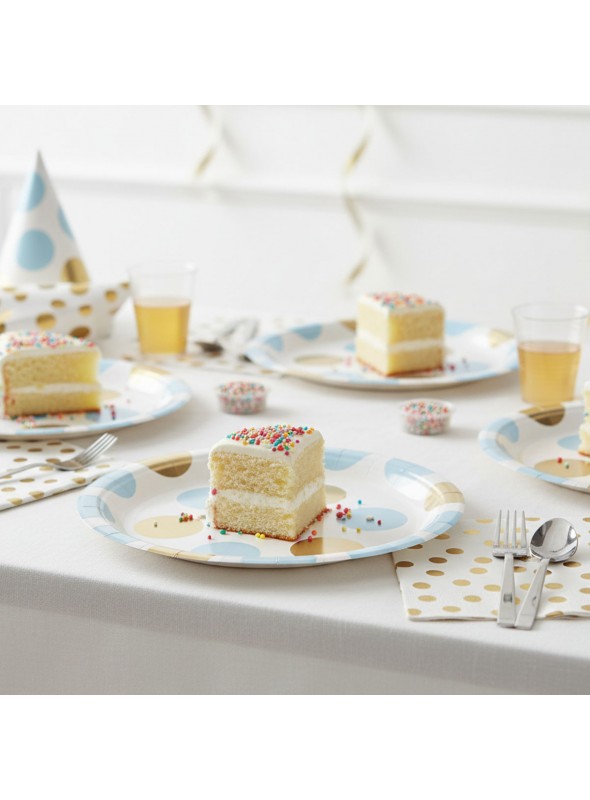 Prato De Papel Poá Grande Azul Dourado 18cm 8un Descartáveis