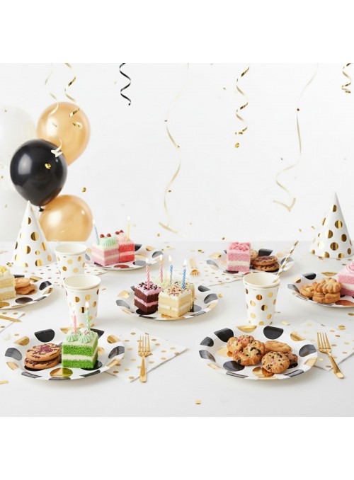 Prato De Papel Poá Grande Preto Dourado 18cm 8un Descartáveis