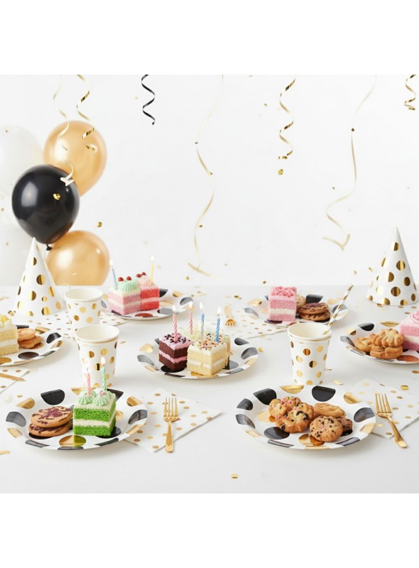 Prato De Papel Poá Grande Preto Dourado 18cm 8un Descartáveis