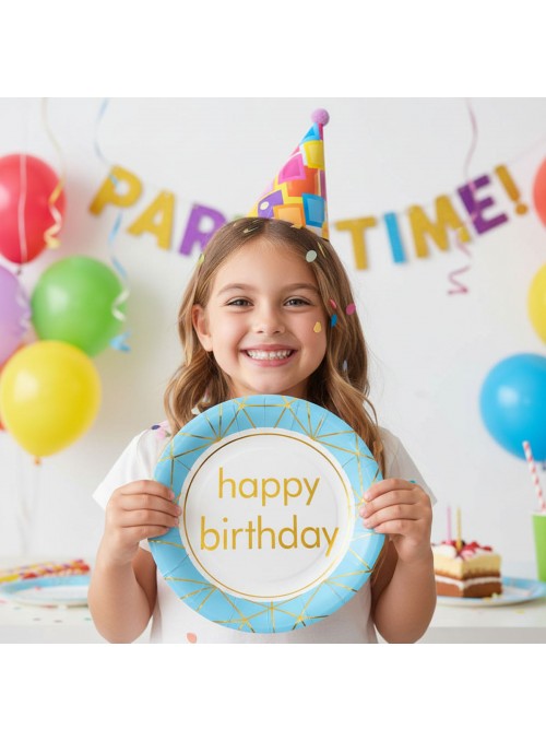 Prato De Papel Happy Birthday Azul 18cm 8 Unid Descartáveis