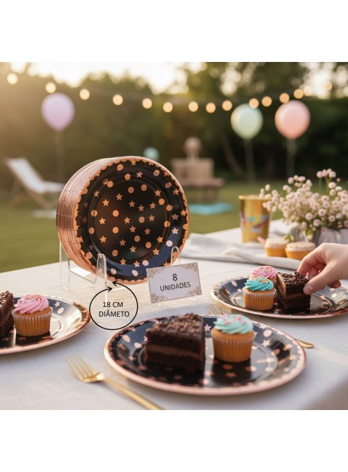 Prato De Papel Estrelas Bolinhas Rose E Preto 18cm 8 Unid