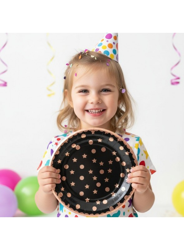 Prato De Papel Estrelas Bolinhas Rose E Preto 18cm 8 Unid