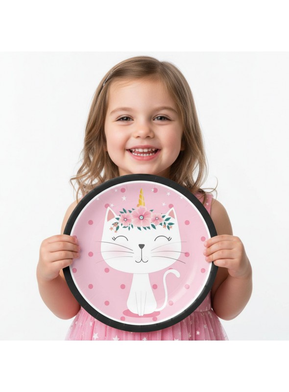 Prato De Papel Gatinha Rosa 18cm 8unid Descartáveis De Festa