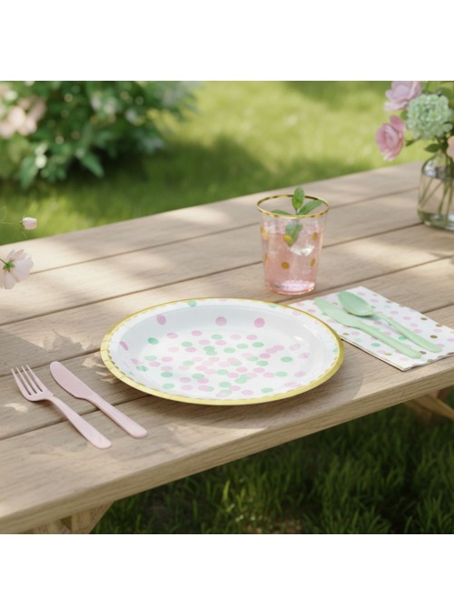 Prato De Papel Bolinhas Rosa E Verde 18cm 8unid Descartáveis