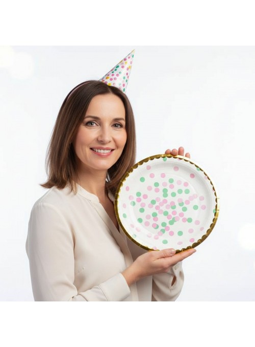 Prato De Papel Bolinhas Rosa E Verde 18cm 8unid Descartáveis