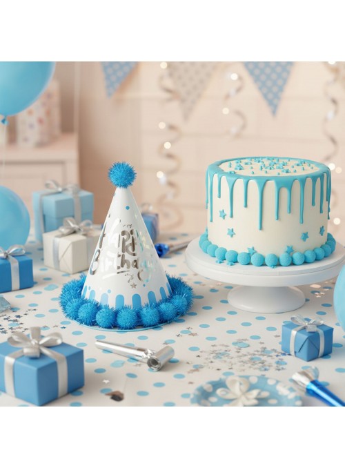 Chapéu De Aniversário Happy Birthday Azul Pompom 1 Unidade