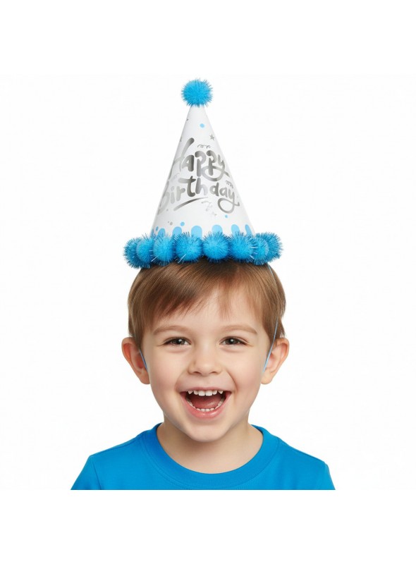 Chapéu De Aniversário Happy Birthday Azul Pompom 1 Unidade