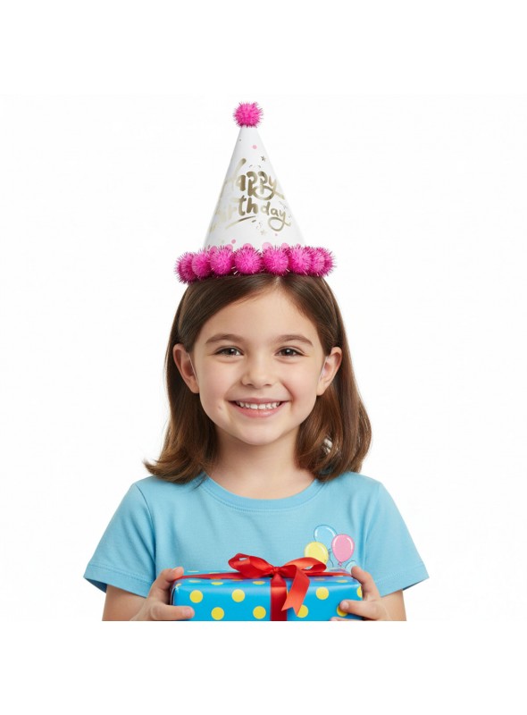 Chapéu De Aniversário Happy Birthday Rosa Pompom 1 Unidade