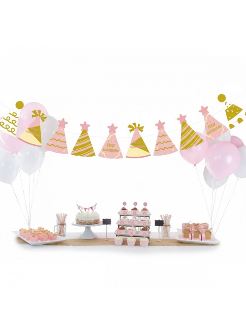 Faixa Feliz Aniversário Chapeuzinhos Rosa 2,5 Metros