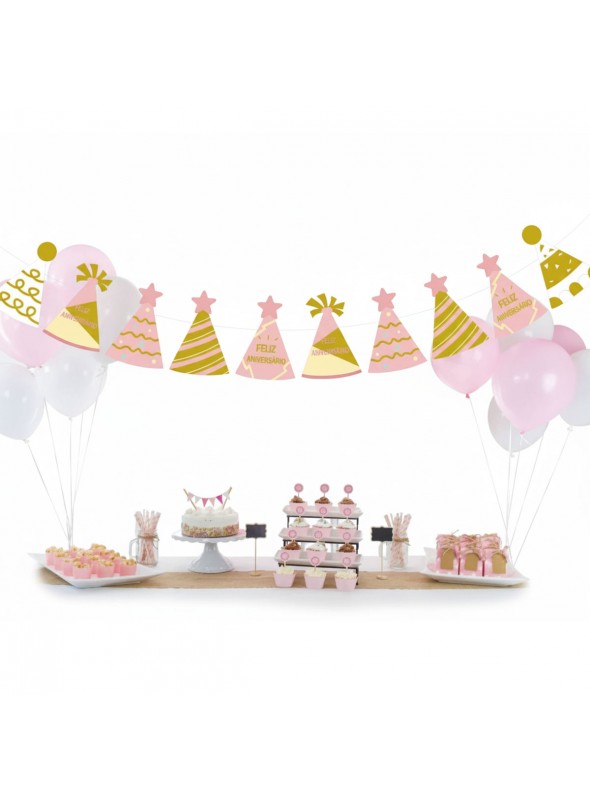 Faixa Feliz Aniversário Chapeuzinhos Rosa 2,5 Metros