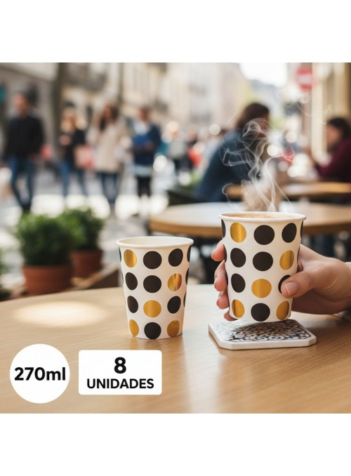 Copo De Papel Poá Grande Preto E Dourado 270ml 8 Unidades