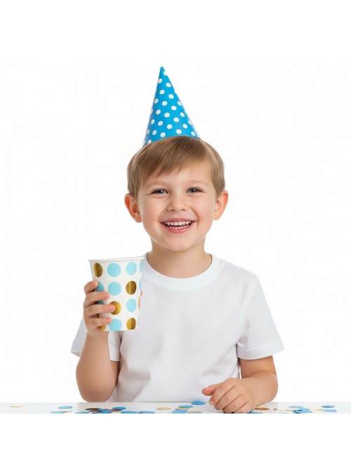 Copo De Papel Poá Grande Azul E Dourado 270ml 8 Unidades