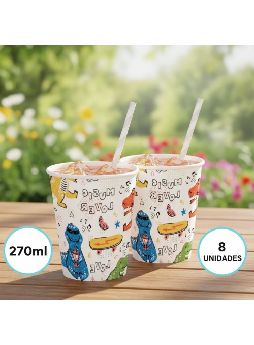 Copo De Papel Festa Dinossauros 270ml 8 Unid Descartáveis