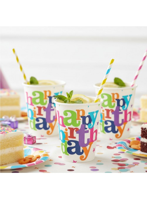Copo De Papel Happy Birthday Colorido 270ml 8 Unidades