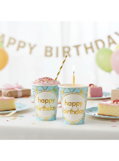 Copo De Papel Happy Birthday Azul 270ml 8 Unidades