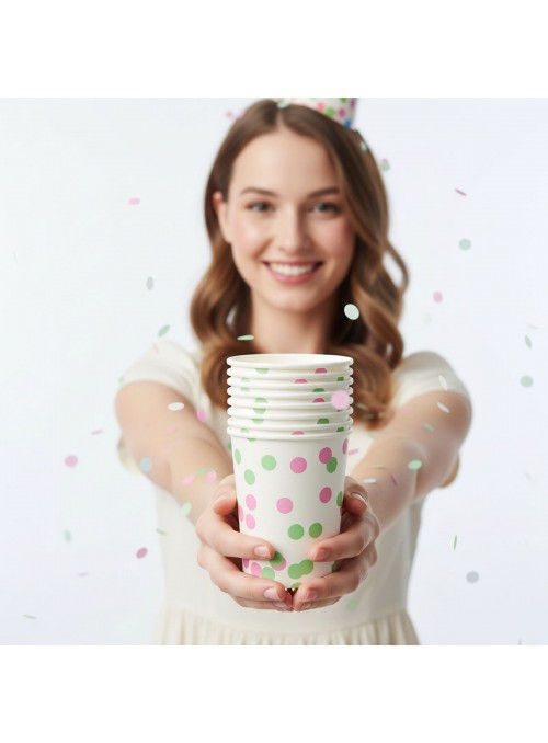 Copo De Papel Festa Bolinhas Rosa E Verde 270ml 8 Unidades