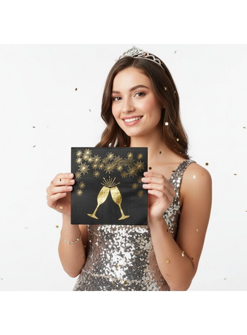 Guardanapo de Papel Brinde Dourado Ano Novo Natal Folha Dupla 32x32 Silver Festas 20 Unidades