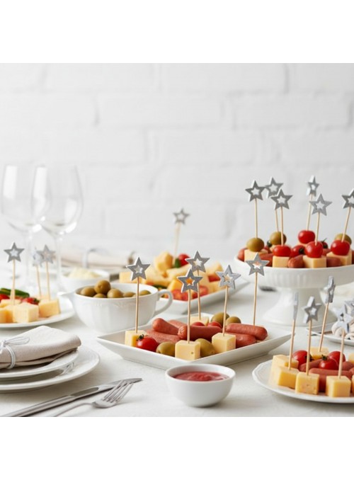 Palito Para Petisco Estrela Prata 12cm 20uni Decoração Festa