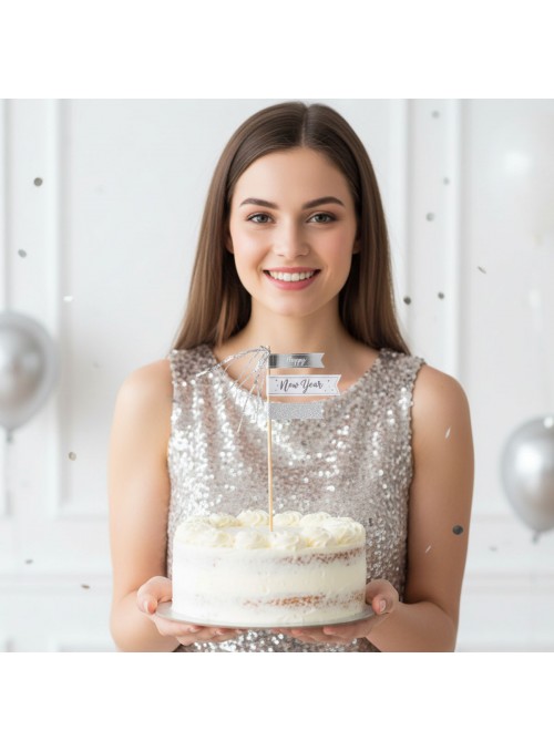 Topo De Bolo Decorativo Feliz Ano Novo Prata 1 Unidade