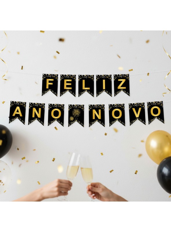 Faixa Decorativa Festa Feliz Ano Novo 2 Metros Preto Dourado