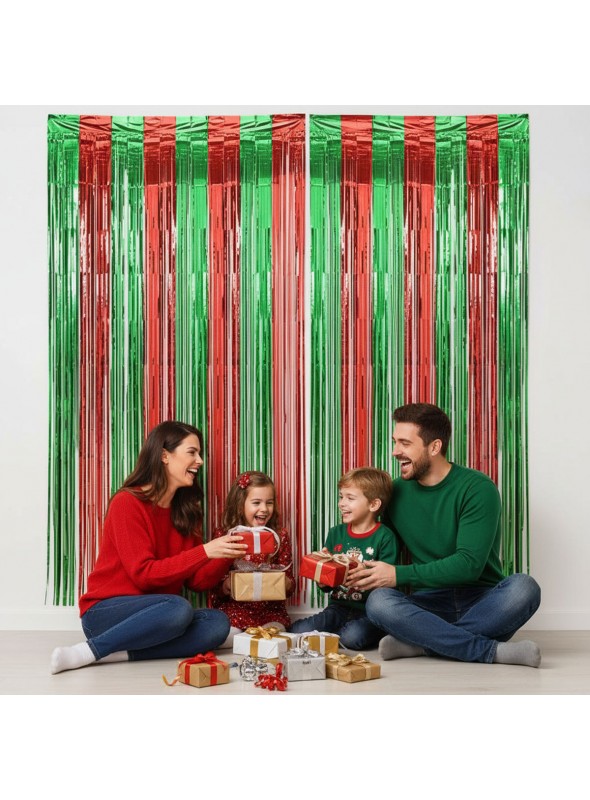 Cortina Metalizada Verde e Vermelha Natal 1m x 2m Decoração de Festa Silver Festas