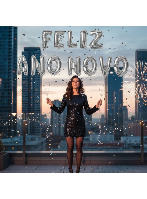 Kit Balões Metalizados Feliz Ano Novo Prata 40cm 16 Polegadas