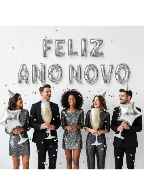 Kit Balões Metalizados Feliz Ano Novo Prata 40cm 16 Polegadas