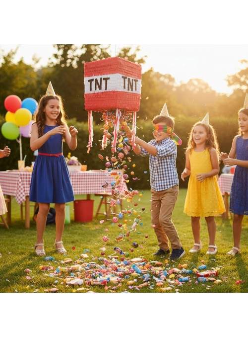 Pinhata Minecraft Tnt Com Bastão Confetes Máscara Piñata