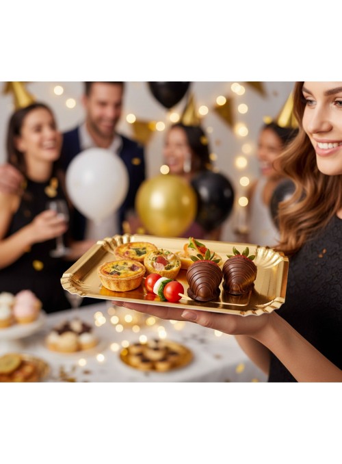 Pratos Descartáveis de Papel Retangular Dourado - 5 unidades