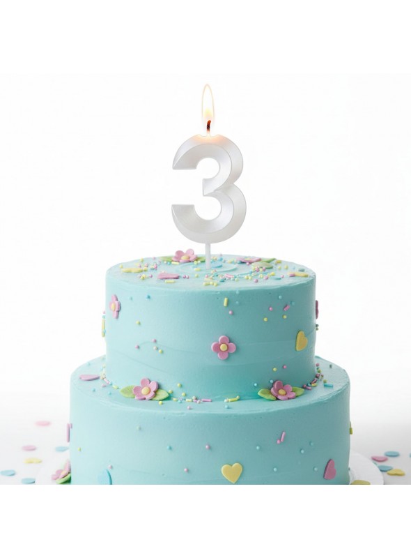 Vela de Aniversário Design Número 3 Branca Perolizada Silver Festas