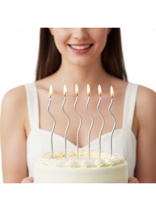 Vela De Aniversário Espiral Prata Metalizada 17cm 6 Unidades