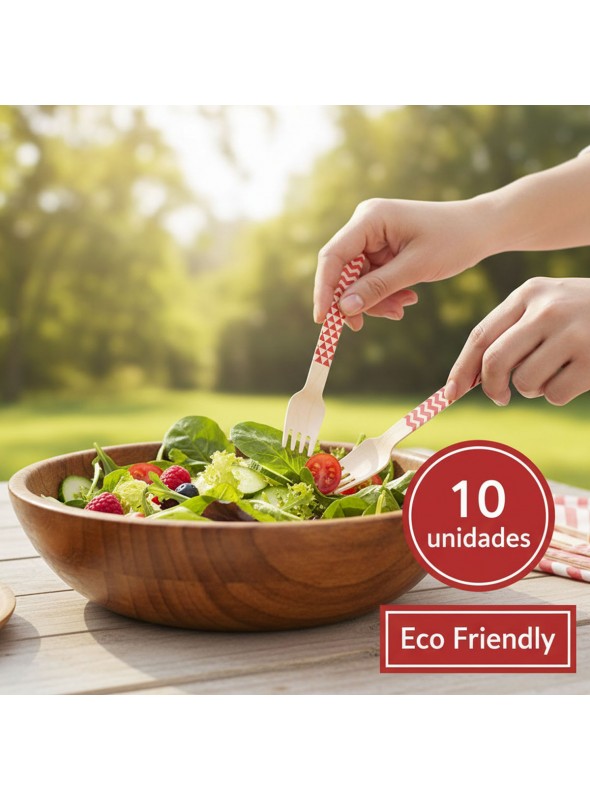 Garfos de Madeira Descartáveis de Festa Vermelho 10 unidades