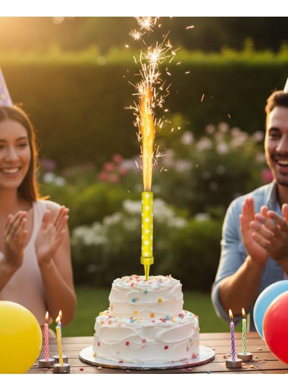 Vela de Aniversário Vulcão Estrela chama Amarelo Silver Festas
