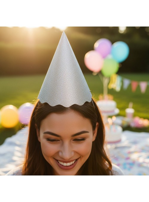Chapéu de Aniversário Papel Prata Metalizado Glitter Silver Festas 8 Unidades