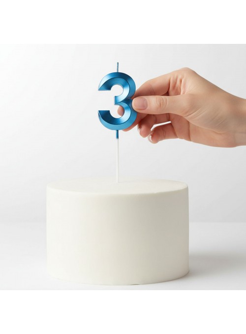 Vela de Aniversário Design Número 3 Azul Perolizado Silver Festas