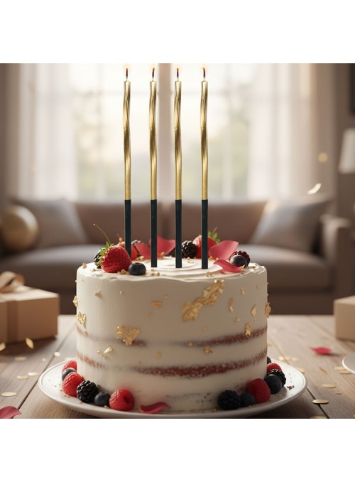 Vela de Aniversário Metalizada Torcida Dourada 15cm Silver Festas 4 Unidades