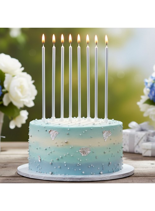 Vela de Aniversário Palito 18cm Metalizada Prata Silver Festas 8 unidades