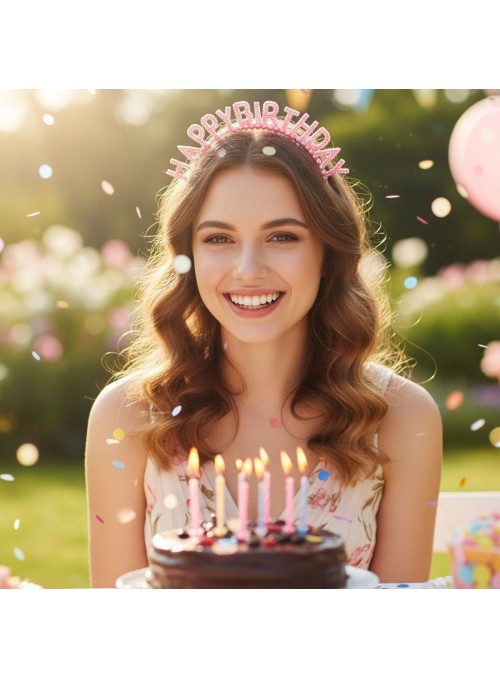 Tiara de Plástico Happy Birthday Rosa Perolado Adereços Kit Festa