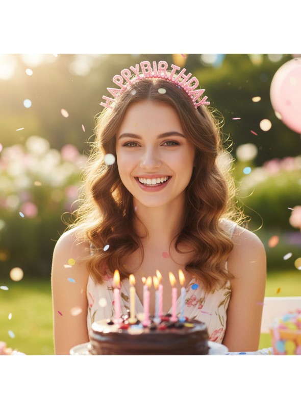 Tiara de Plástico Happy Birthday Rosa Perolado Adereços Kit Festa