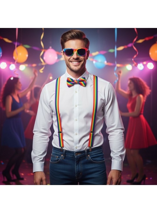Kit Fantasia Arco Íris Suspensório Óculos E Gravata Carnaval