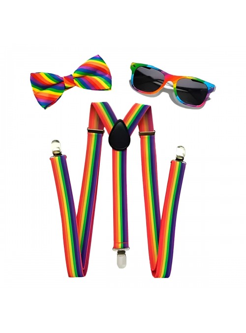 Kit Fantasia Arco Íris Suspensório Óculos E Gravata Carnaval