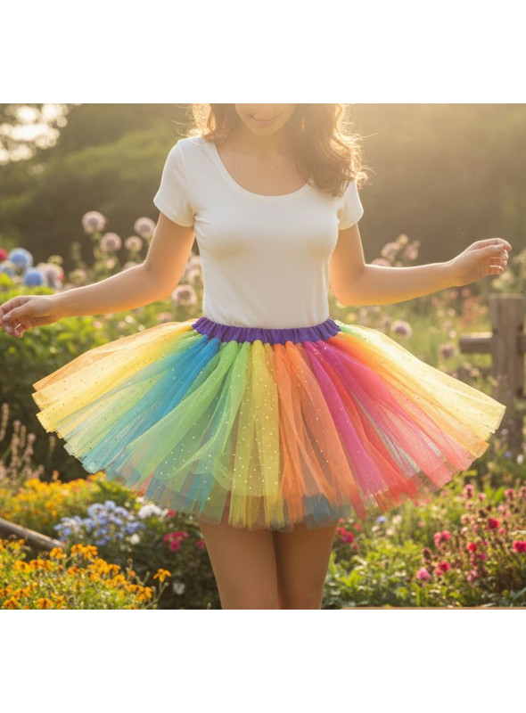 Saia Tutu de Tule Multicolorida com Brilho 40cm Adulto Fantasia Carnaval