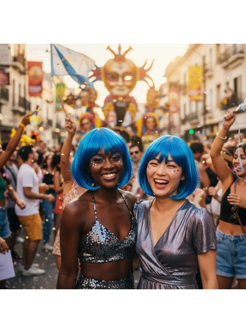 Peruca Sintética Chanel Azul Carnaval Festa Fantasia 29cm