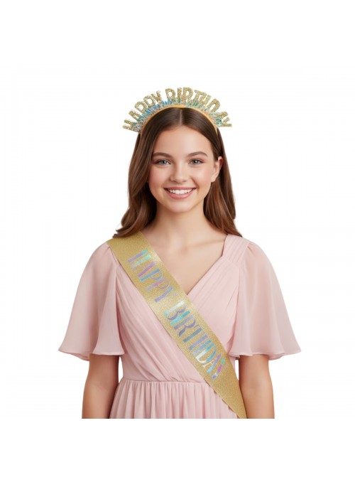 Kit De Festa Tiara E Faixa Happy Birthday Dourado Glitter