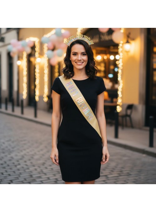 Kit De Festa Tiara E Faixa Happy Birthday Dourado Glitter