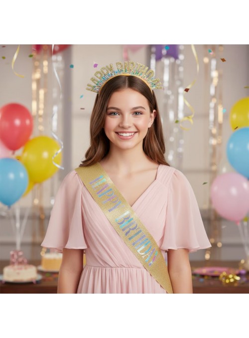 Kit De Festa Tiara E Faixa Happy Birthday Dourado Glitter