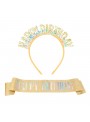 Kit De Festa Tiara E Faixa Happy Birthday Dourado Glitter